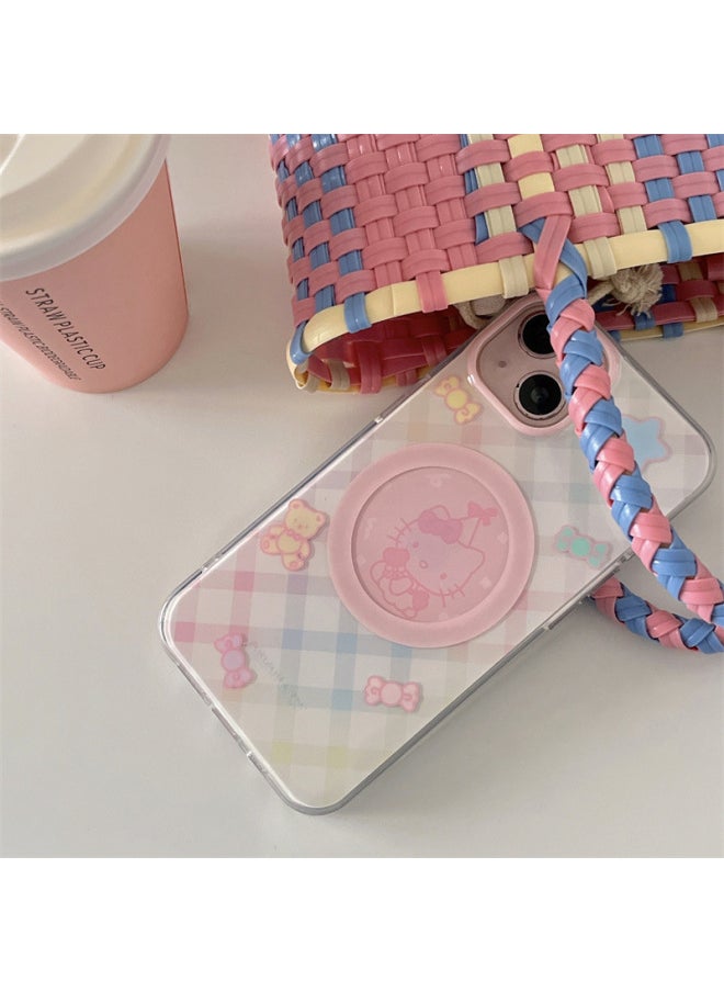 Gradient Plaid Cartoon KT Magnetic Bracket 13 Pro14Promax Phone Case For Iphone 15pro/12pro-Color:Magnetic IMD Gradient Plaid KT Single Shell-Applicable Model:For Iphone 14Promax
