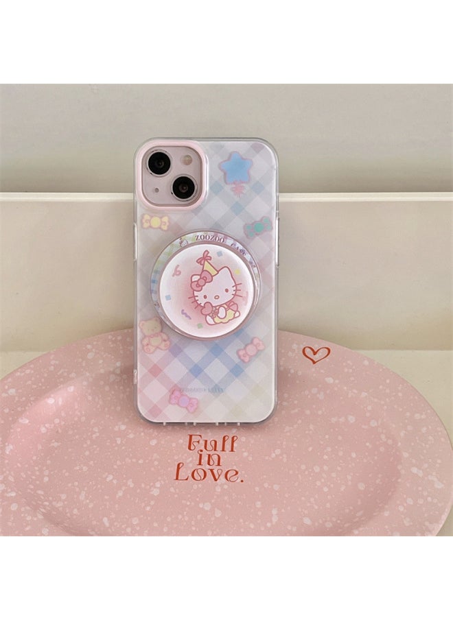 Gradient Plaid Cartoon KT Magnetic Bracket 13 Pro14Promax Phone Case For Iphone 15pro/12pro-Color:Magnetic IMD Gradient Plaid KT Single Shell-Applicable Model:For Iphone 14Promax