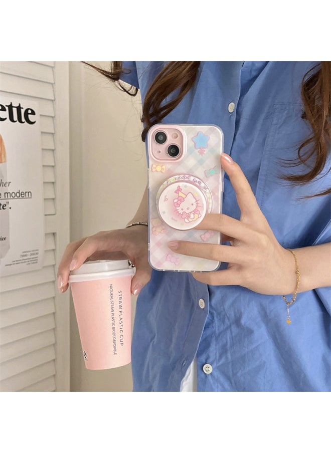 Gradient Plaid Cartoon KT Magnetic Bracket 13 Pro14Promax Phone Case For Iphone 15pro/12pro-Color:Magnetic IMD Gradient Plaid KT Single Shell-Applicable Model:For Iphone 14Promax