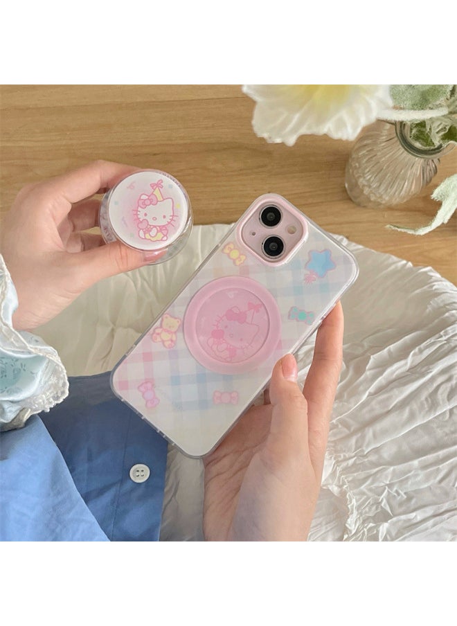 Gradient Plaid Cartoon KT Magnetic Bracket 13 Pro14Promax Phone Case For Iphone 15pro/12pro-Color:Magnetic IMD Gradient Plaid KT Single Shell-Applicable Model:For Iphone 14Promax