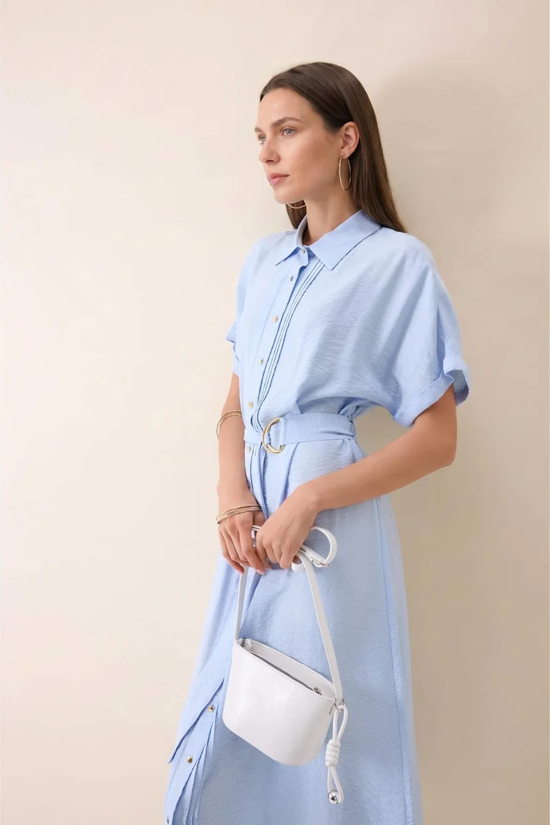 Defacto A-Line Shirt Collar Batwing Blue Midi Dress