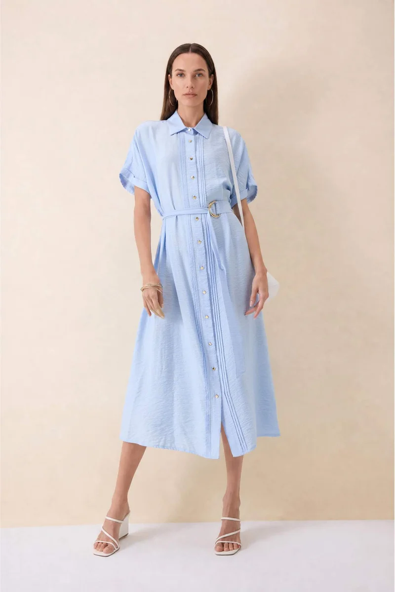 Defacto A-Line Shirt Collar Batwing Blue Midi Dress