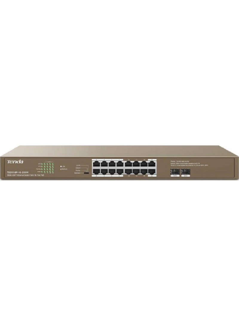 تيندا محول إيثرنت TEG1118P-16-250W 16GE+2SFP مع 16 منفذ PoE، سعة التبديل 36 بت في الثانية، جهد إدخال 100-240 فولت تيار متردد 50/60 هرتز، حماية من البرق 6 كيلو فولت، مصدر طاقة 250 واط، TEG1118P-16-250 واط بني - Image 5