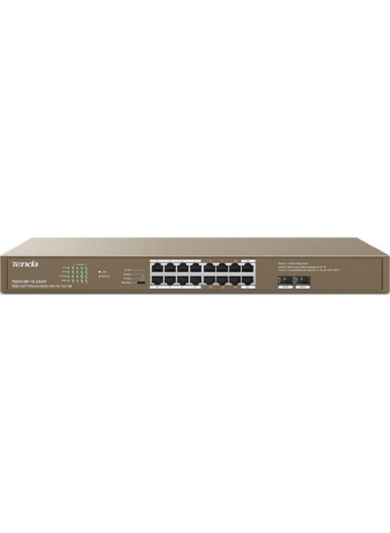 تيندا محول إيثرنت TEG1118P-16-250W 16GE+2SFP مع 16 منفذ PoE، سعة التبديل 36 بت في الثانية، جهد إدخال 100-240 فولت تيار متردد 50/60 هرتز، حماية من البرق 6 كيلو فولت، مصدر طاقة 250 واط، TEG1118P-16-250 واط بني - Image 2