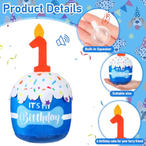 Dansydaisy Dog Birthday Cake Toy Accessories for Girl Boy Gifts Squeaky Plush Toy for Dog Birthday Party Decor Favor for Large Medium and Small Dogs 1stBlue - Image 3