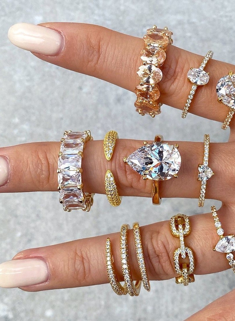 LAVEEN JEWELLERY خاتم مطلي بالذهب عيار 18 قيراطًا والروديوم مكون من 3 طبقات | فضة إسترليني عيار 925 مرصع بأحجار الزركونيا المكعبة 5A | خاتم مجوهرات قابل للتكديس | إكسسوارات نسائية عصرية  - Image 2