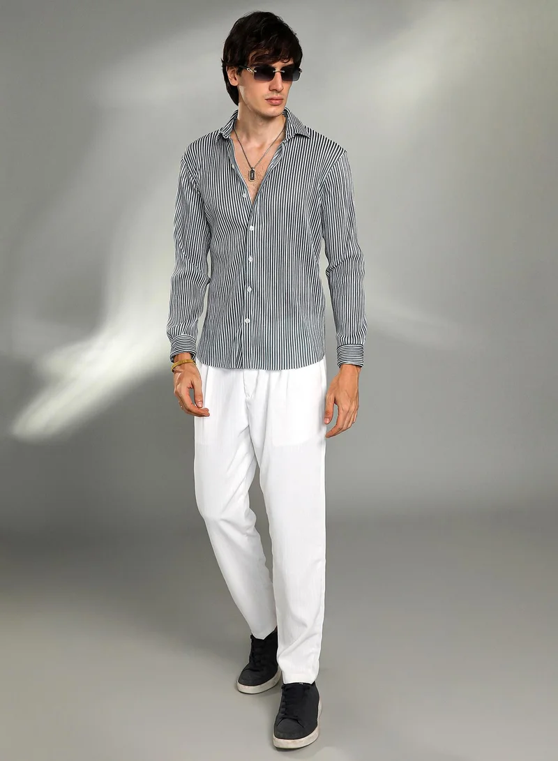 Campus Sutra Men's Midnight Black & Powder White Pleat-Creased Shirt