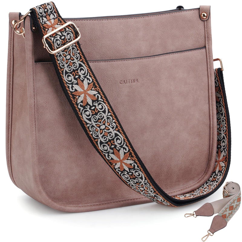 Caitina Crossbody Bag For Women Vegan Leather Hobo Handbag Designer Crossbody Purses Bucket Bag For Women with 2PCS Adjustable Strap(Beige) - Image 1