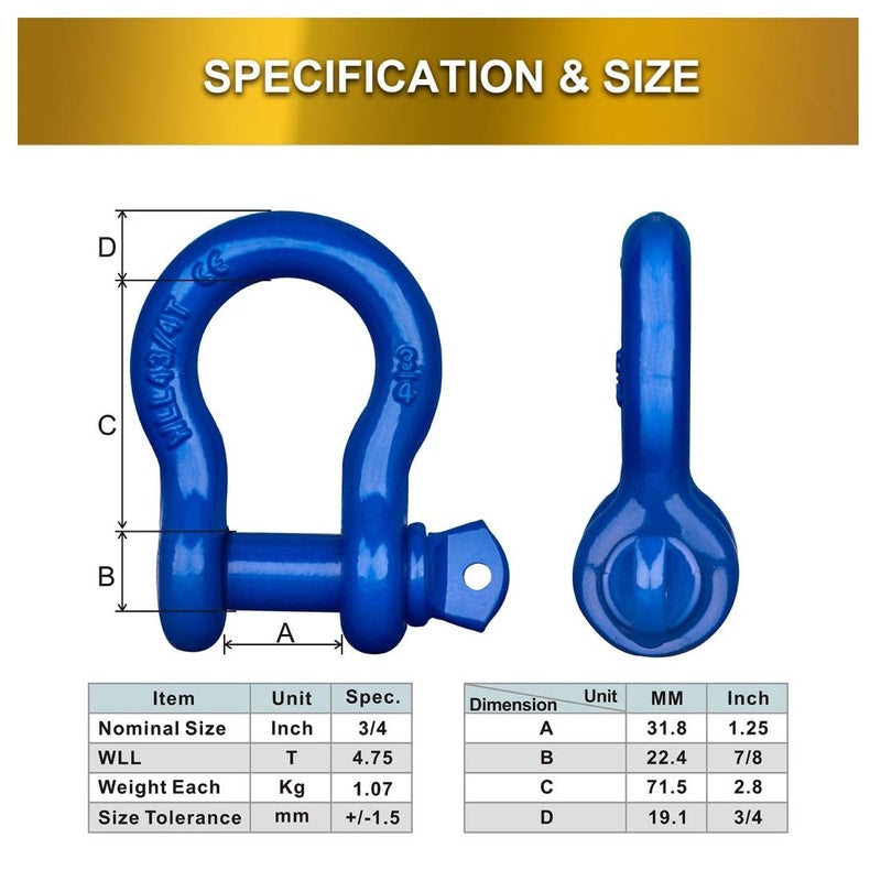 Acando Trailer Shackles 3/4 Bow Shackle Rugged Steel Forged 28.5 Ton (57,000 lbs) Max Break Strength Off Road Shackles Blue Powder Coated Heavyduty Shackles 3 Year Guarantee with Safety Gloves (Pack of 2) - Image 4