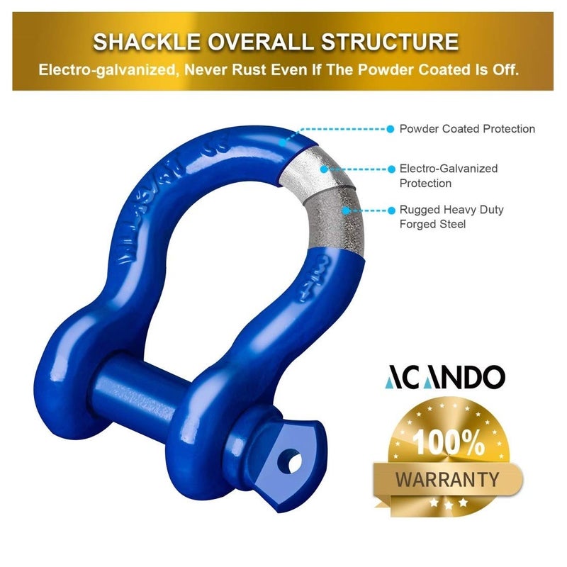 Acando Trailer Shackles 3/4 Bow Shackle Rugged Steel Forged 28.5 Ton (57,000 lbs) Max Break Strength Off Road Shackles Blue Powder Coated Heavyduty Shackles 3 Year Guarantee with Safety Gloves (Pack of 2) - Image 2