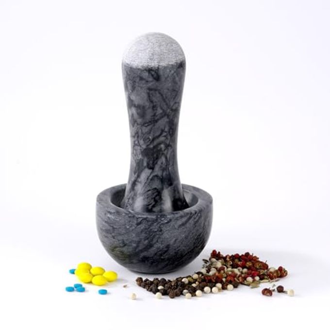 Tianman Small Mortar and Pestle Set 3.2 Inch.1/3 Cup.Mini Marble Grinder with Brush for Pills Herbs Spices,Easy to Grip.Efficient Grinding.Universal Dual Head Grinding Pestle.(Marble Black)