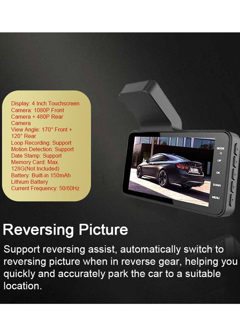 Generic - 1080P DVR Dash Camera 4 بوصة مسجل قيادة السيارة Dashcam 170 درجة زاوية واسعة مع دعم شاشة تعمل باللمس للرؤية الليلية حلقة تسجيل كشف الحركة عكس الصورة - Image 1