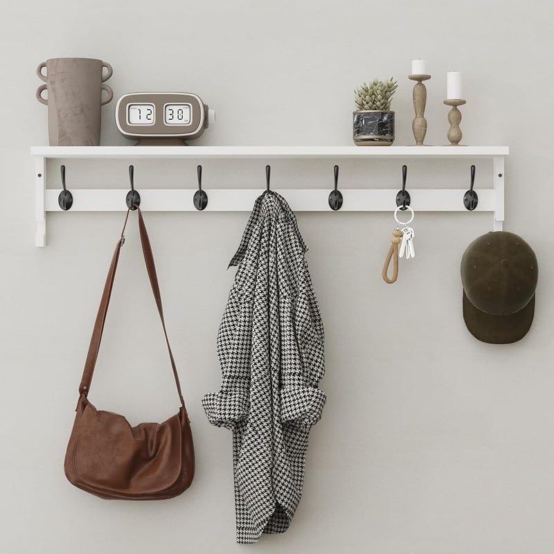 AMBIRD Coat Rack Wall Mount, 35 Inch Large Coat Hooks Wall Mounted with 7 Dual Metal Hooks and 2 Side Hooks, Wall Hooks with Shelf in Entryway, Kitchen, Living Room, Bathroom, Bedroom (White) - Image 1