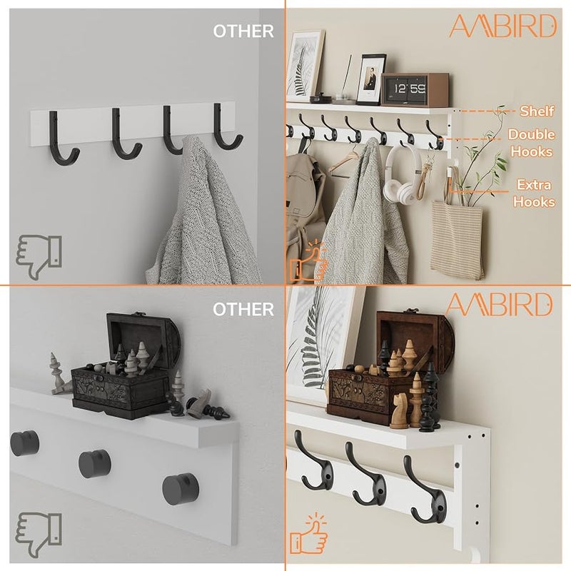 AMBIRD Coat Rack Wall Mount, 35 Inch Large Coat Hooks Wall Mounted with 7 Dual Metal Hooks and 2 Side Hooks, Wall Hooks with Shelf in Entryway, Kitchen, Living Room, Bathroom, Bedroom (White) - Image 3