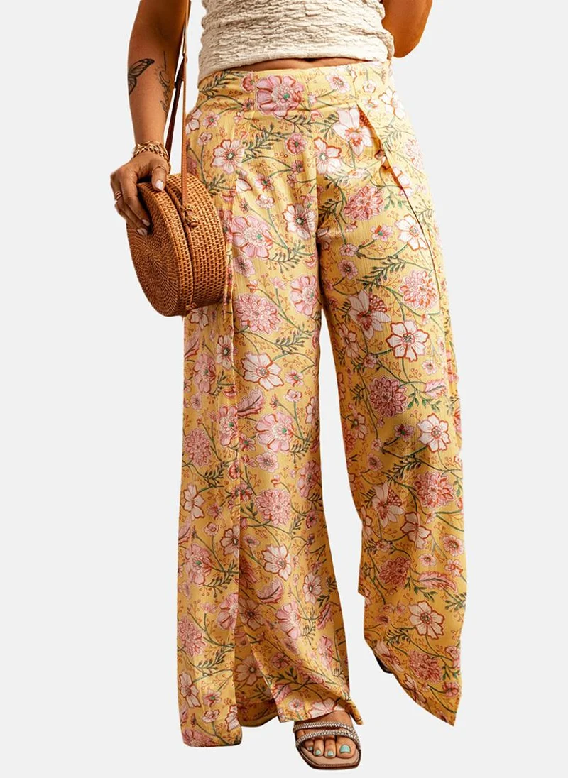 يونيكي Yellow Floral Print Casual Trouser