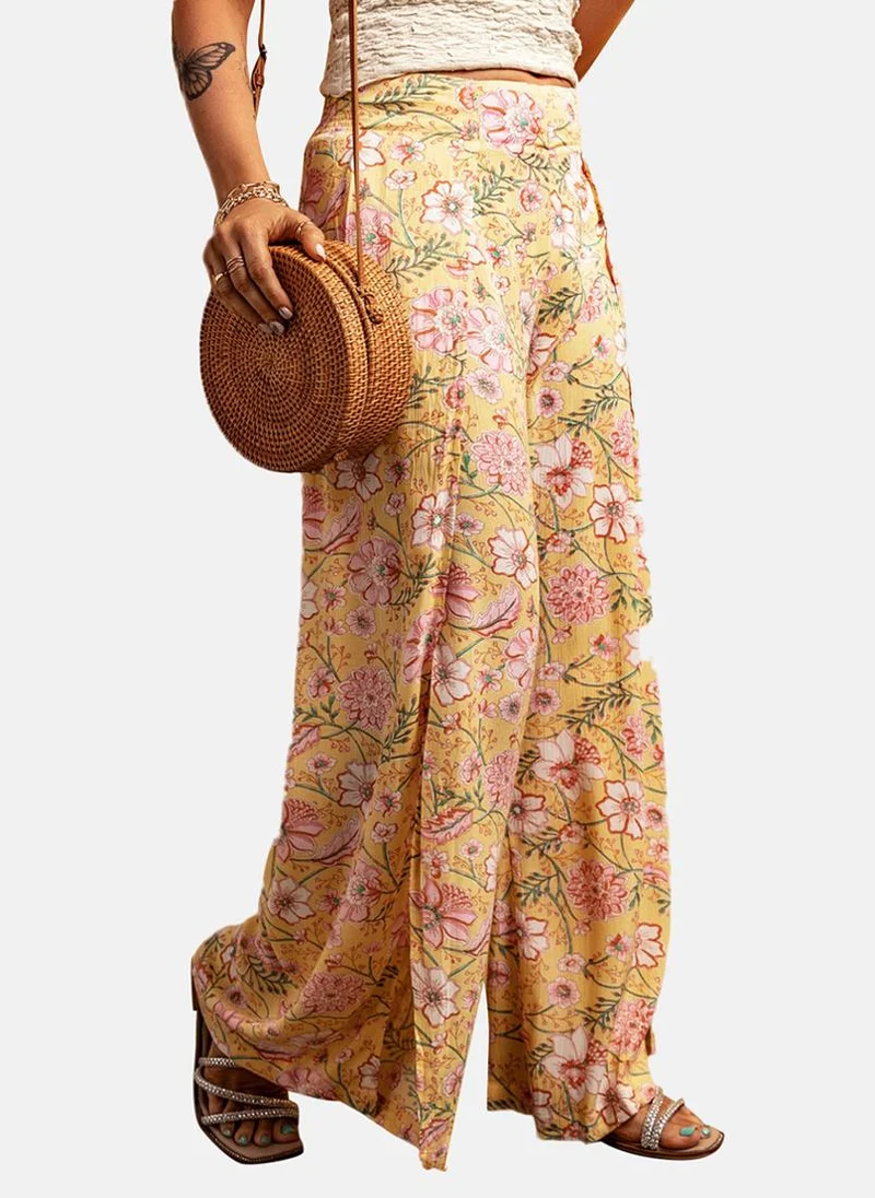 يونيكي Yellow Floral Print Casual Trouser