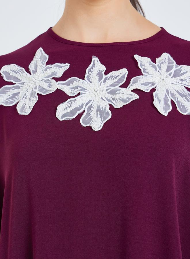 Amirah Women Burgundy Maxi Kaftan with Floral Embellishments - Image 4