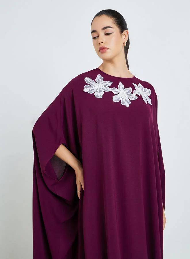 Amirah Women Burgundy Maxi Kaftan with Floral Embellishments
