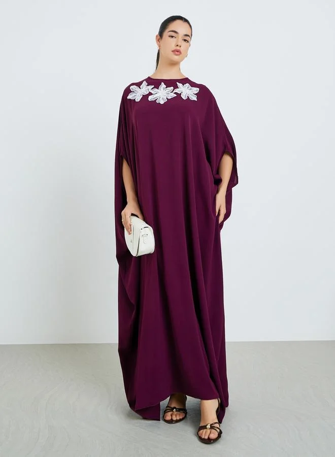 Amirah Women Burgundy Maxi Kaftan with Floral Embellishments