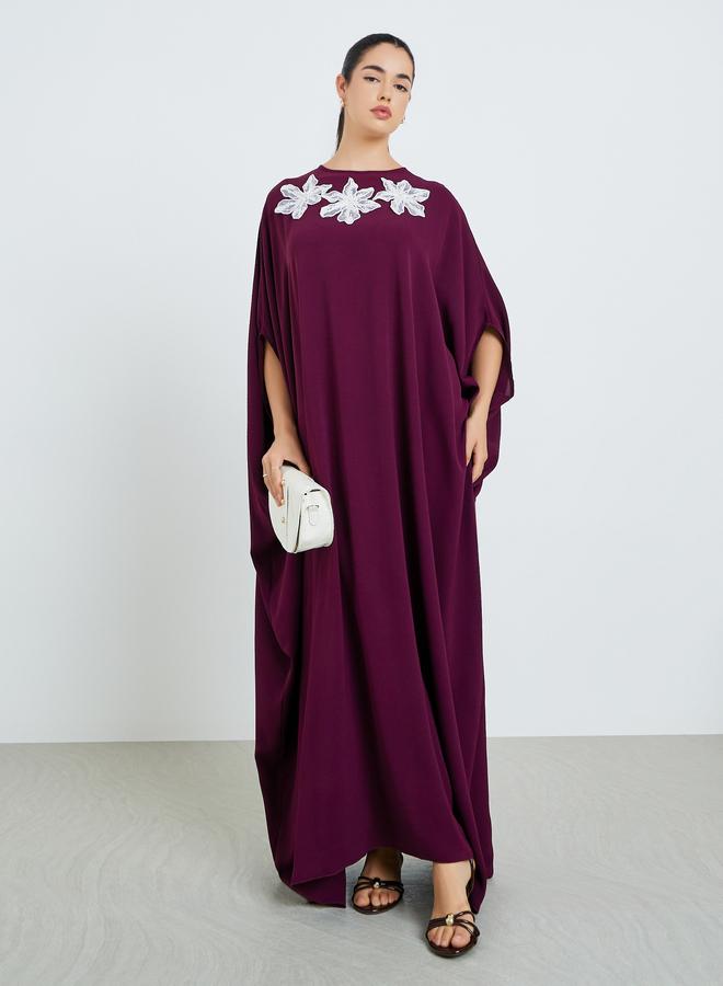 Amirah Women Burgundy Maxi Kaftan with Floral Embellishments - Image 1