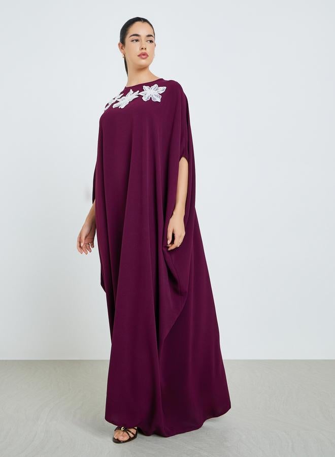 Amirah Women Burgundy Maxi Kaftan with Floral Embellishments - Image 3
