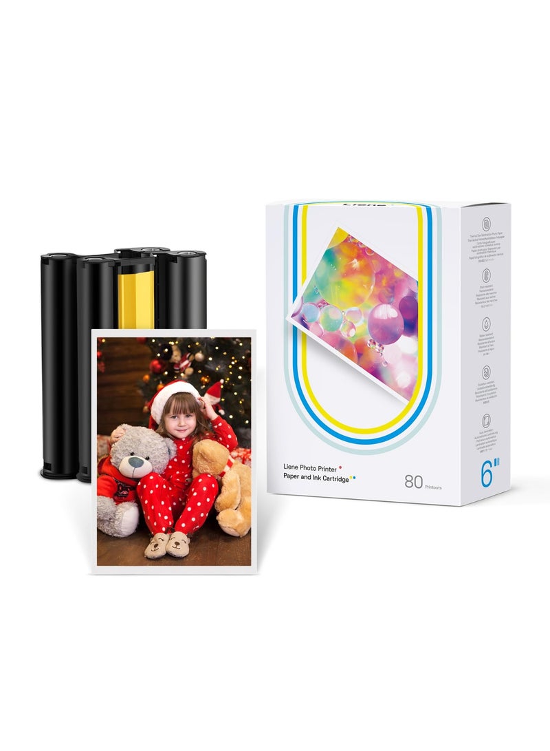 Liene Amber M100/M200/M110/M210 4x6" Photo Printer 80 Sheets Photo Paper & 2 Ink Cartridges Refill, Dye Sublimation, Only for Liene DHP512/DHP513/DHP514/DHP515 Printer, for Display, Framing, Scrapbook