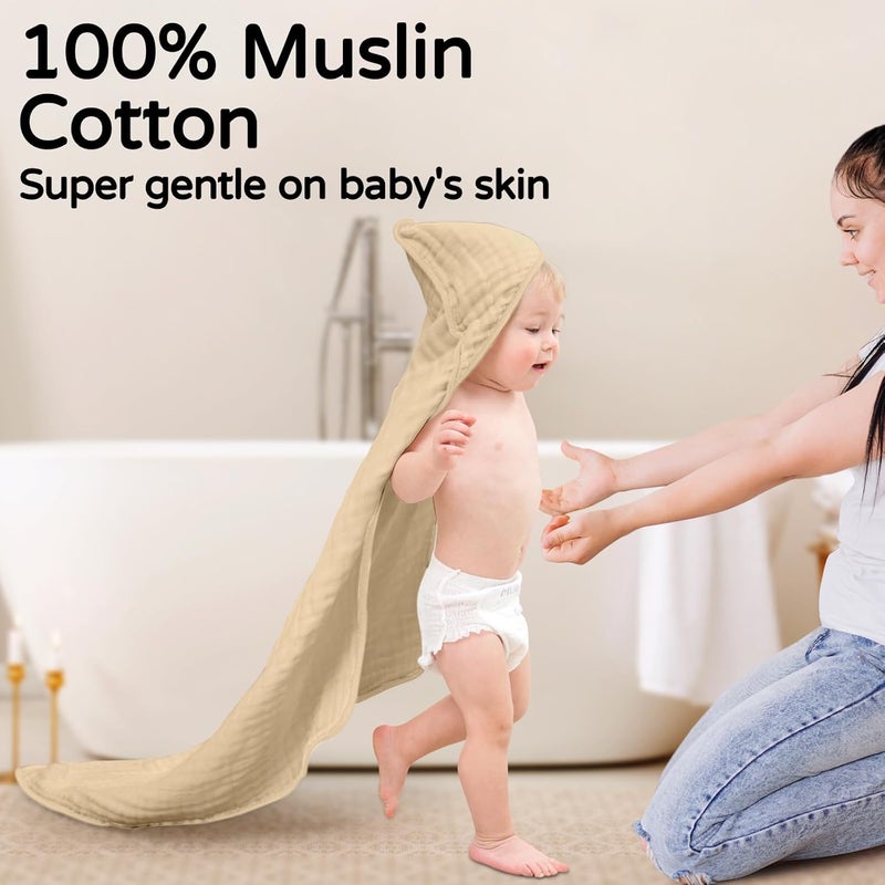 YOOFOSS Hooded Baby Towels for Newborn 2 Pack 100% Muslin Organic Cotton Baby Bath Towel with Hood for Babies, Infant, Toddler and Kids, 32x32Inch, Soft and Absorbent Newborn Essential, Beige Floral - Image 2