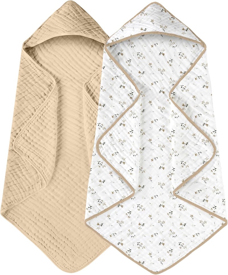 YOOFOSS Hooded Baby Towels for Newborn 2 Pack 100% Muslin Organic Cotton Baby Bath Towel with Hood for Babies, Infant, Toddler and Kids, 32x32Inch, Soft and Absorbent Newborn Essential, Beige Floral - Image 1