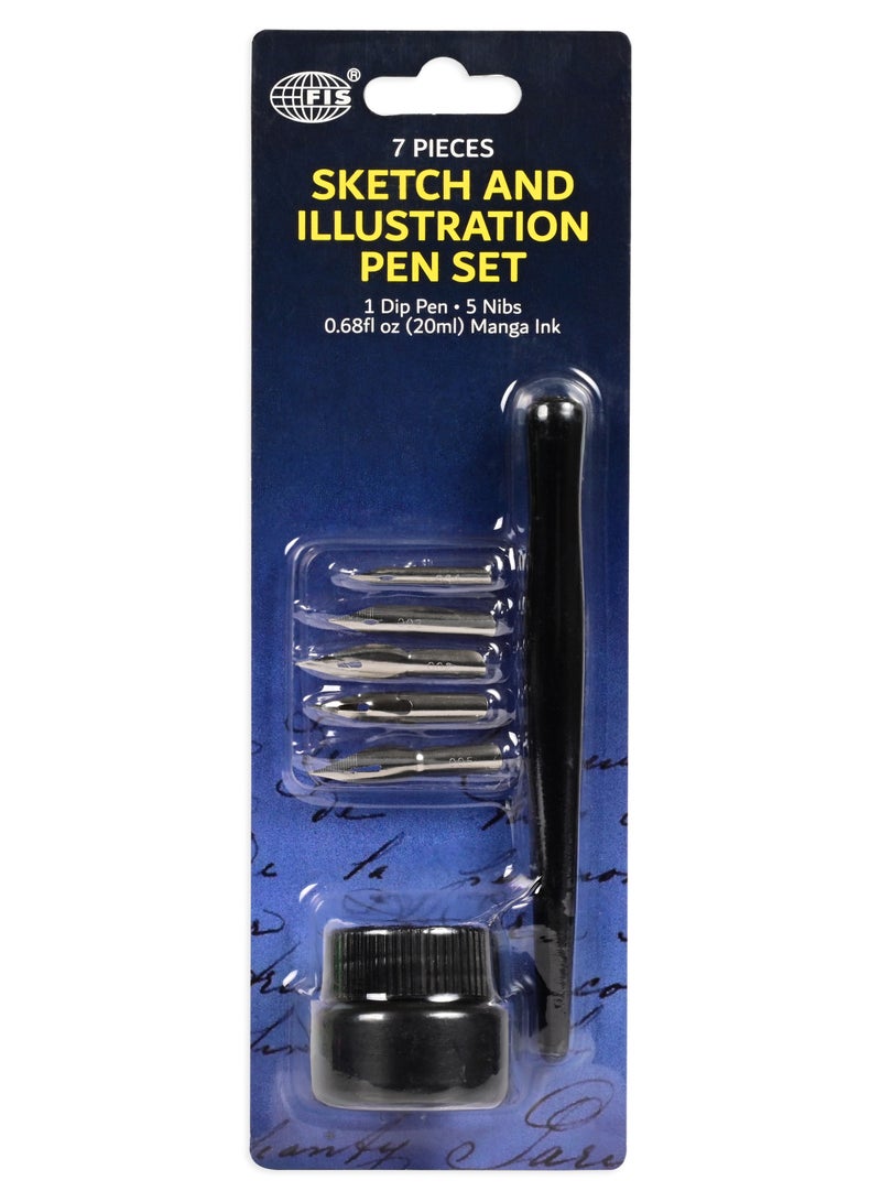 FIS Calligraphy Pen, Set of 7 Pieces with Sketch & Illustration Pen, 1 Dip Pen, 5 Nibs, 1 Bottle of 20ml Manga Black Ink-FSCQ05 - Image 1