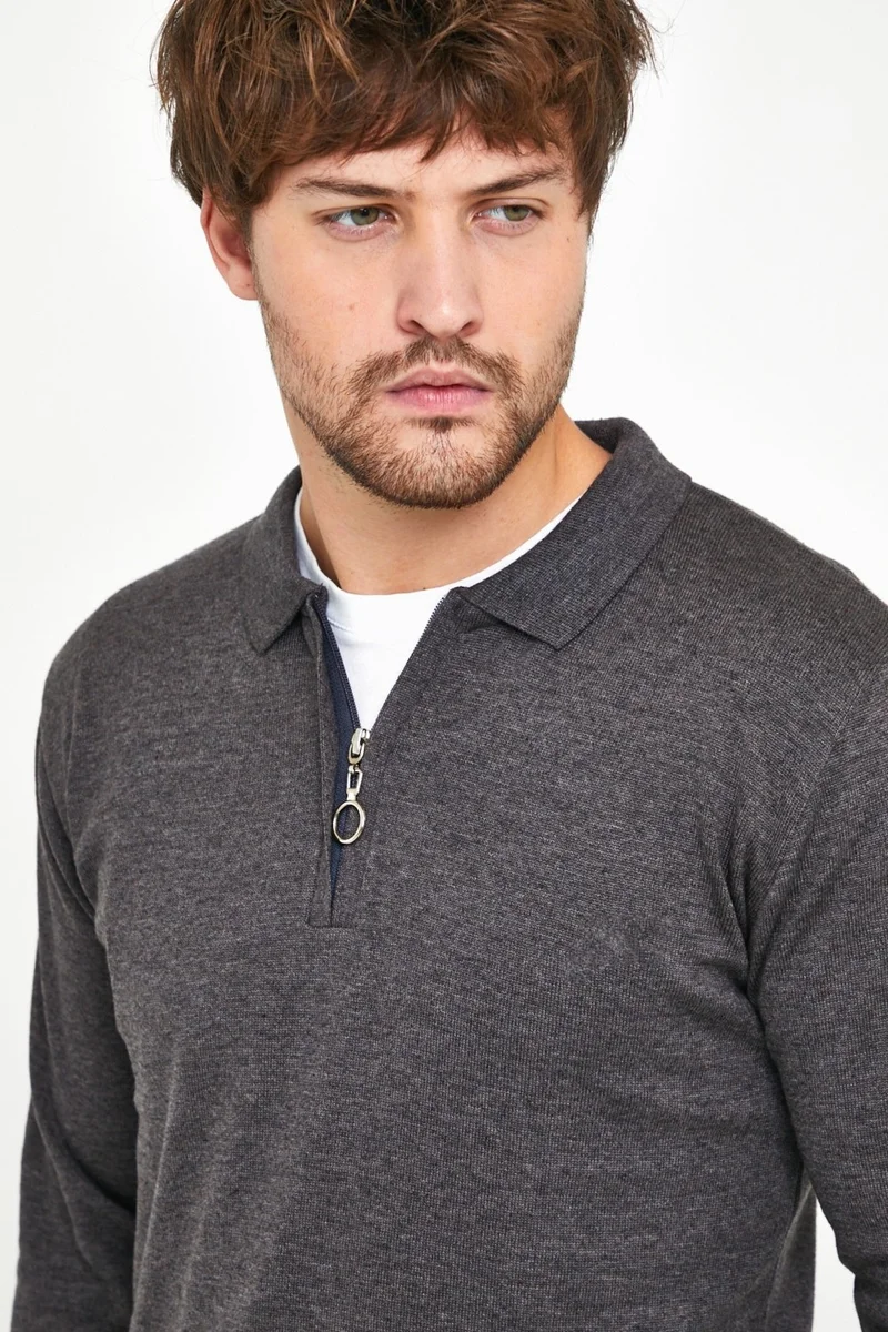 MRS Clothing Men's Anthracite Standard Fit Slim Fit Zippered Polo Neck Wool Knitwear Sweater