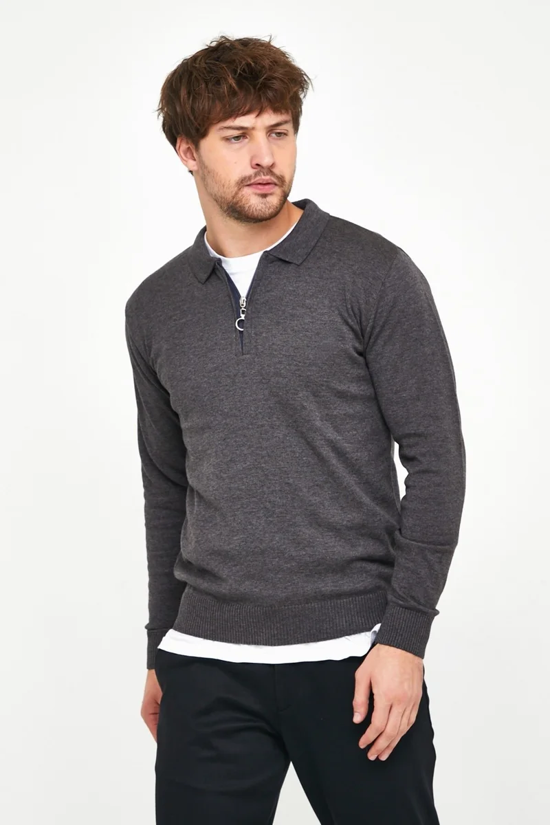 MRS Clothing Men's Anthracite Standard Fit Slim Fit Zippered Polo Neck Wool Knitwear Sweater