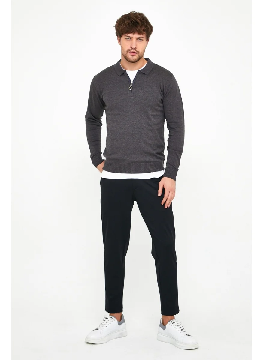 MRS Clothing Men's Anthracite Standard Fit Slim Fit Zippered Polo Neck Wool Knitwear Sweater