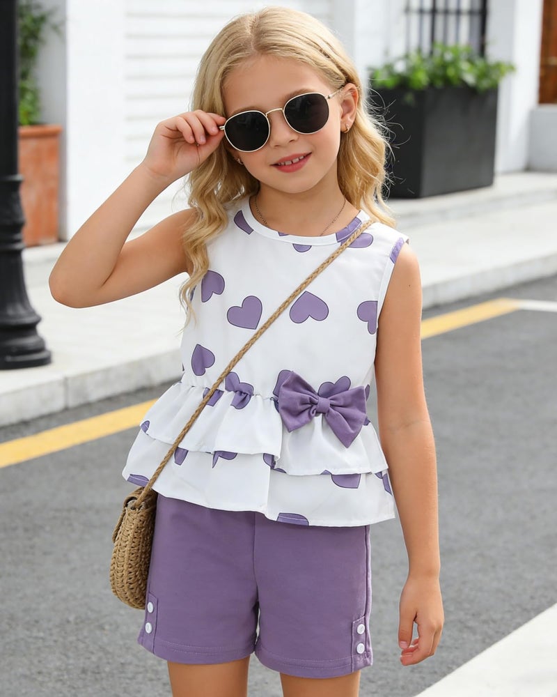 GOLLUNER Kids Girl Clothes Heart Print Sleeveless Top and Shorts Baby Girl Summer Outfits Short Set(6-7T) - Image 2