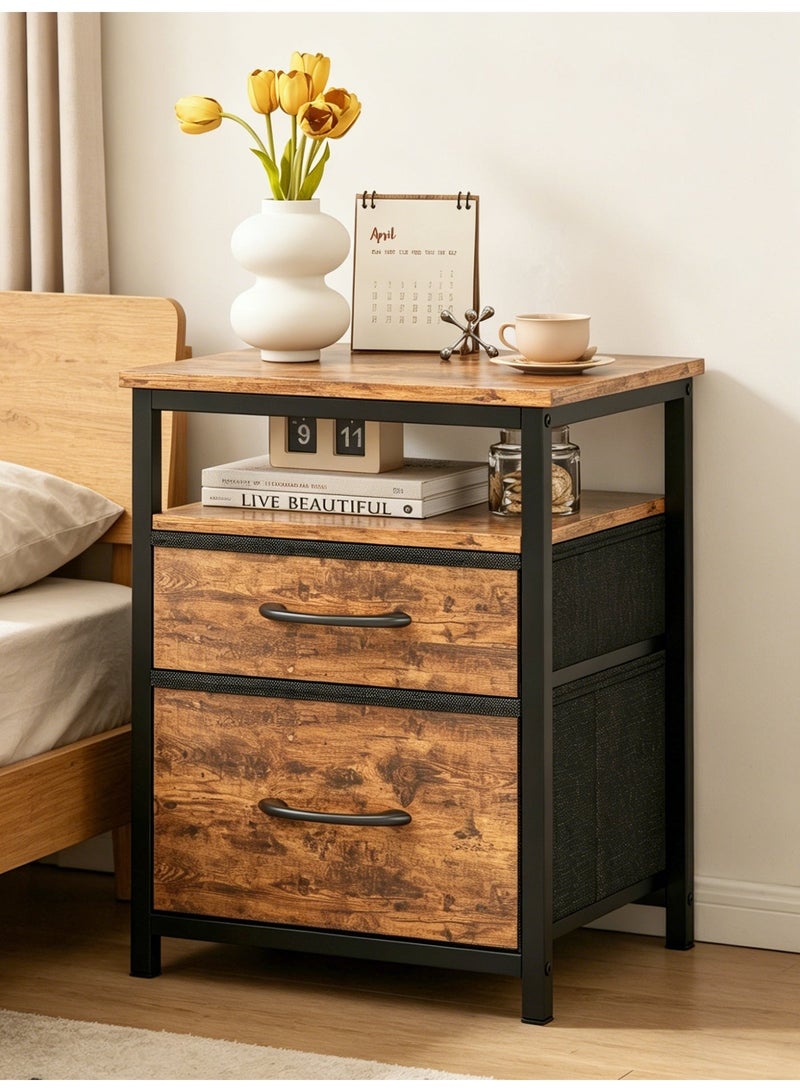 SHEIDLIN Modern open-top open-shelf bedside table with brown frame and MDF panel for waterproof and wear-resistant construction, featuring double-layer fabric drawers in bedroom furniture - Image 1