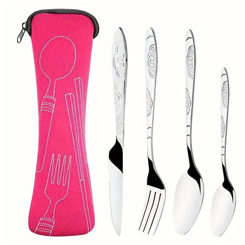 4 Pcs Pink Stainless Steel Cutlery Set Portable Printed Fork Knife Spoon with Bag for Camping Dining - Image 1