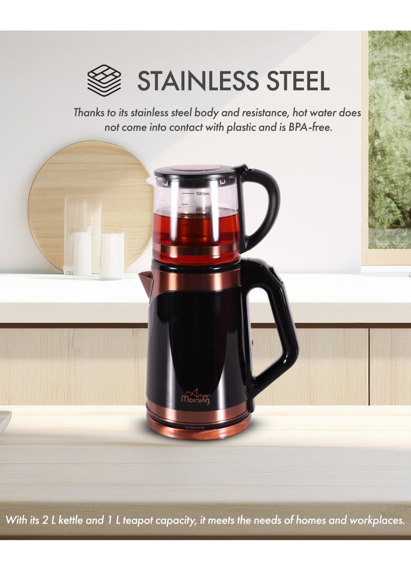 Any Morning Turkish Teapot Electric Tea Kettle with Infuser 2000ml, Stainless Steel Tea Maker Machine  68oz, Glass Teapot with Filter, Double Boiler, LED Light, 360 Swivel Base, 1500W - DE23203SX  - Image 2