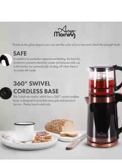 Any Morning Turkish Teapot Electric Tea Kettle with Infuser 2000ml, Stainless Steel Tea Maker Machine  68oz, Glass Teapot with Filter, Double Boiler, LED Light, 360 Swivel Base, 1500W - DE23203SX  - Image 3