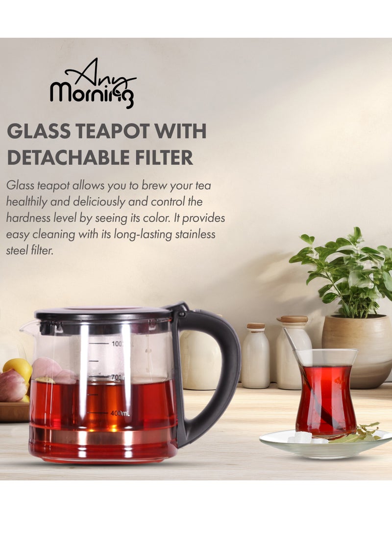 Any Morning Turkish Teapot Electric Tea Kettle with Infuser 2000ml, Stainless Steel Tea Maker Machine  68oz, Glass Teapot with Filter, Double Boiler, LED Light, 360 Swivel Base, 1500W - DE23203SX  - Image 4