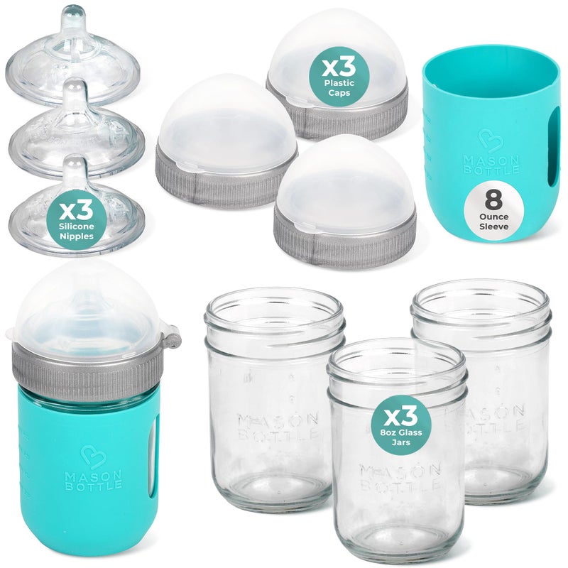 Mason Bottle Baby Glass Bottles Gift Set - Includes 3X Anti Colic Glass Baby Bottle 8 oz, 3X Slow Flow Nipple, 3X Cap+Ring, 1x Silicone Sleeve - BPA Free, Non Toxic Glass Feeding Bottles for Babies - Image 1