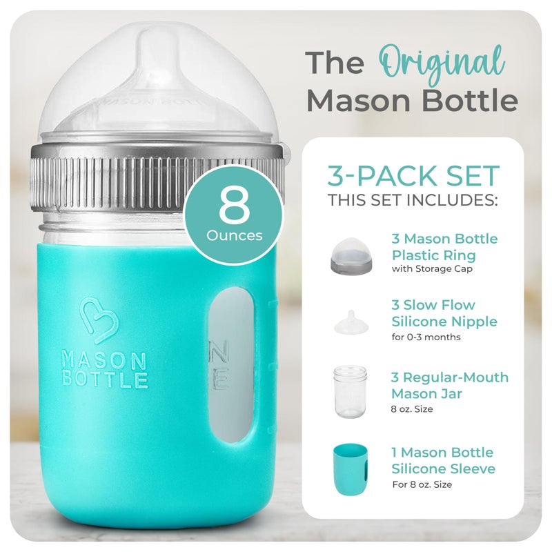 Mason Bottle Baby Glass Bottles Gift Set - Includes 3X Anti Colic Glass Baby Bottle 8 oz, 3X Slow Flow Nipple, 3X Cap+Ring, 1x Silicone Sleeve - BPA Free, Non Toxic Glass Feeding Bottles for Babies - Image 2