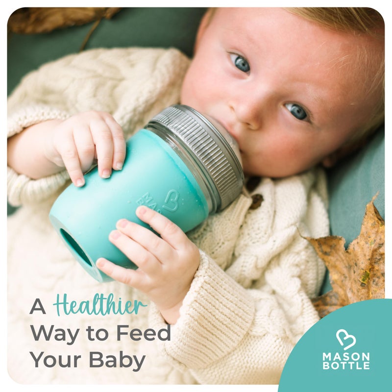 Mason Bottle Baby Glass Bottles Gift Set - Includes 3X Anti Colic Glass Baby Bottle 8 oz, 3X Slow Flow Nipple, 3X Cap+Ring, 1x Silicone Sleeve - BPA Free, Non Toxic Glass Feeding Bottles for Babies - Image 5
