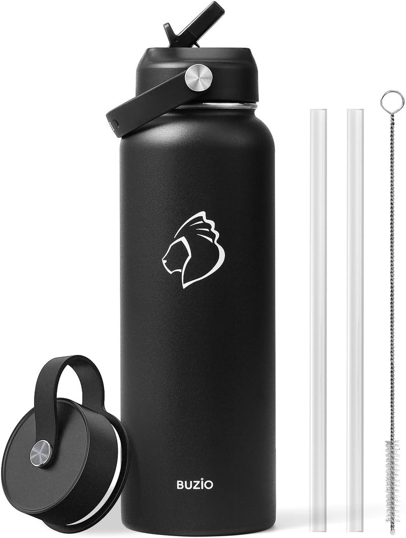 BUZIO 40oz Insulated Water Bottle, Triple Wall Vacuum Stainless Steel Water Flask with 2 lids, Lead-Free BPA-Free Straw Lid Sports Canteen Jug, Cold 48H & Hot 24H- Black - Image 4
