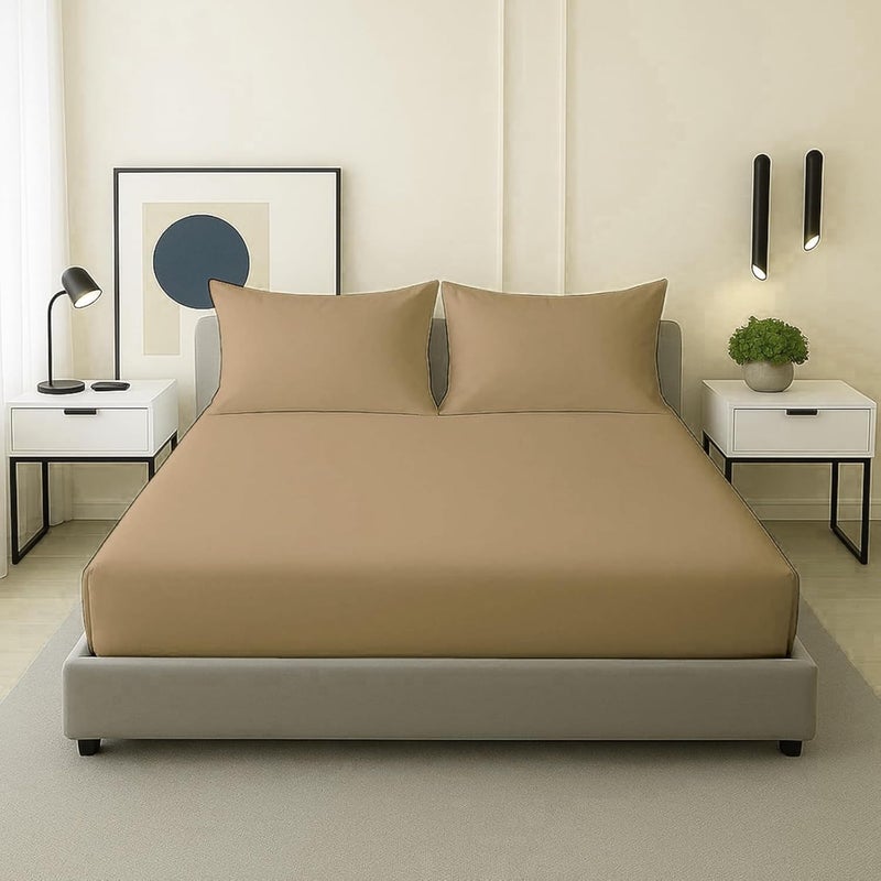 FOAM CRAFT 3 Piece Fitted Sheet Set - Queen Size Fitted Bed Sheet & 2 Pillow Shams - 100% Cotton, 300TC, Deep Pockets - Beige - Image 1
