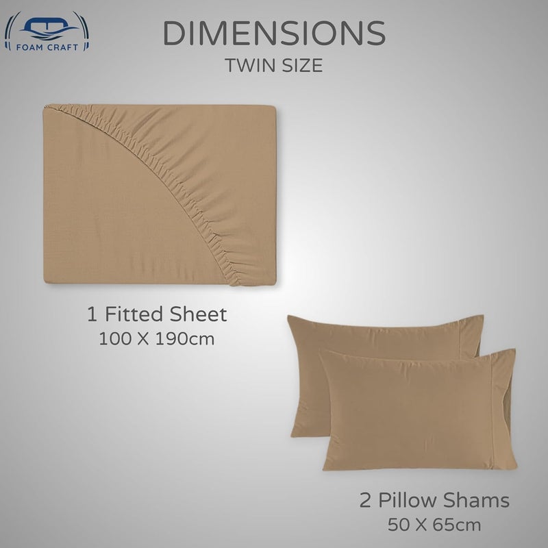 FOAM CRAFT 3 Piece Fitted Sheet Set - Queen Size Fitted Bed Sheet & 2 Pillow Shams - 100% Cotton, 300TC, Deep Pockets - Beige - Image 2