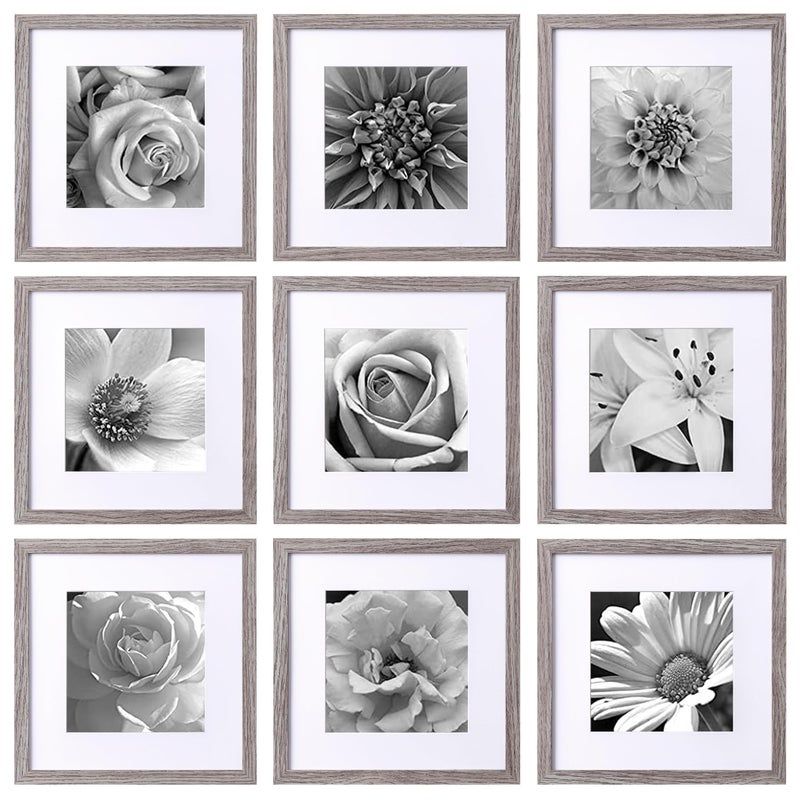 eletecpro 12x12 Picture Frames Set of 9 with Mat for 8x8 Photos or without Mat for 12x12 Square Gallery Wall Decor Collage for Picture Display Grey Frame Set for Wall Hanging