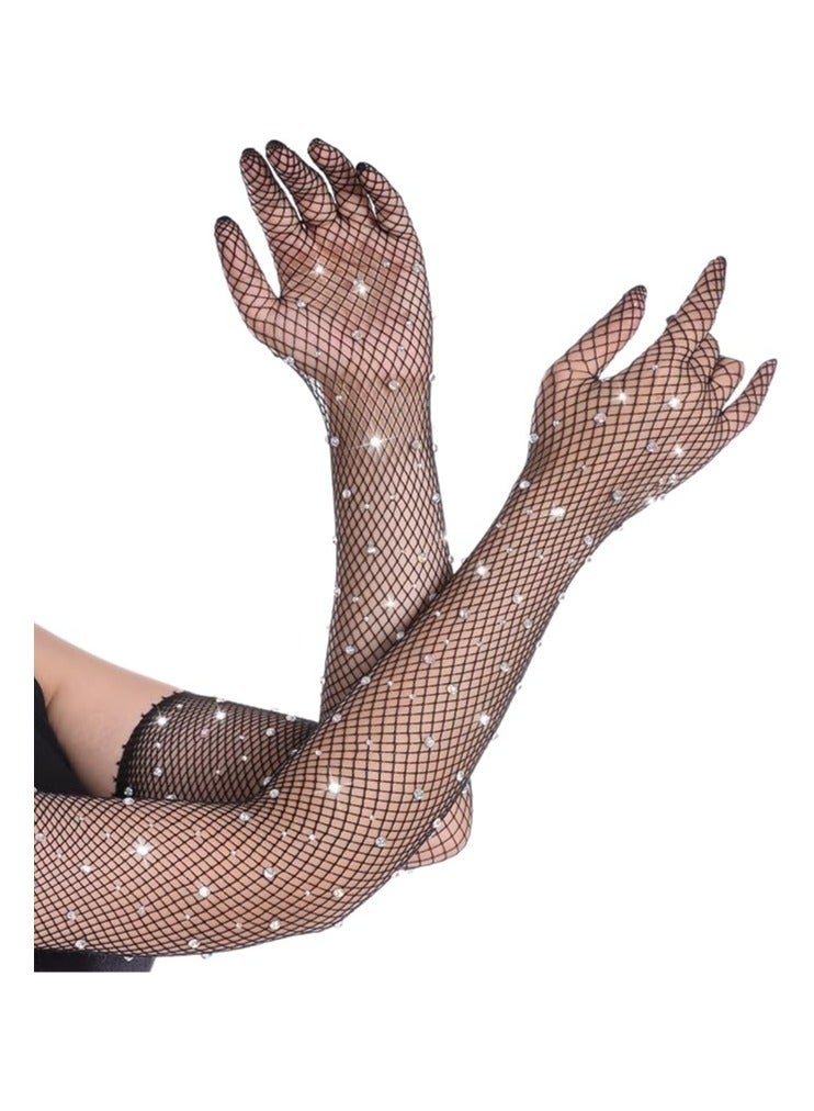 Bukela Black Fishnet Long Gloves, Women Girls 1920s Retro Five Finger Arm Sleeves with Rhinestone Clothing Accessory for Prom Party  - Image 1