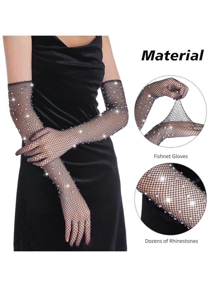 Bukela Black Fishnet Long Gloves, Women Girls 1920s Retro Five Finger Arm Sleeves with Rhinestone Clothing Accessory for Prom Party  - Image 2
