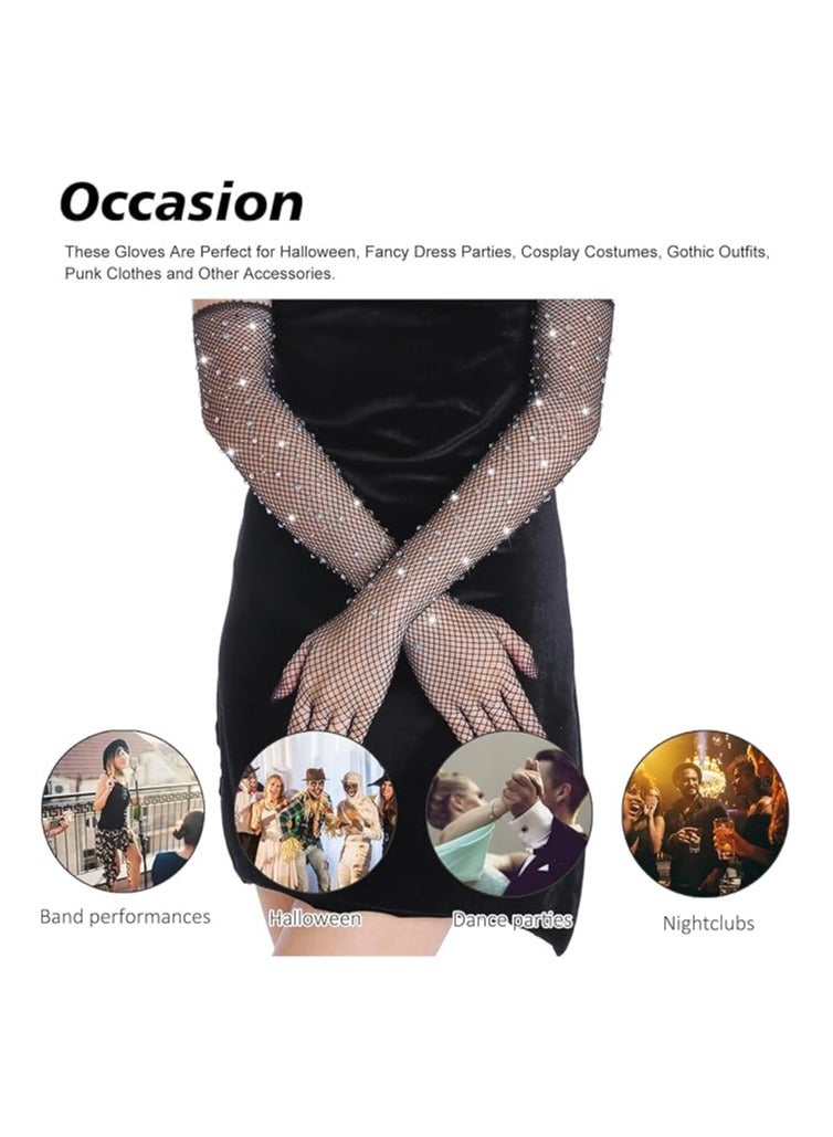 Bukela Black Fishnet Long Gloves, Women Girls 1920s Retro Five Finger Arm Sleeves with Rhinestone Clothing Accessory for Prom Party  - Image 3