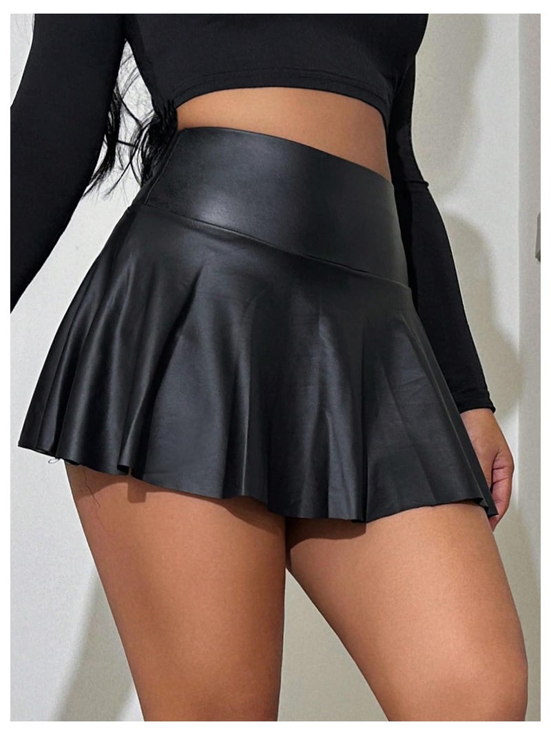 OYOANGLE Women's Pu Leather Elastic High Waist Skorts Ruffle Hem Casual Flared Skirt Shorts Black X-Large - Image 3