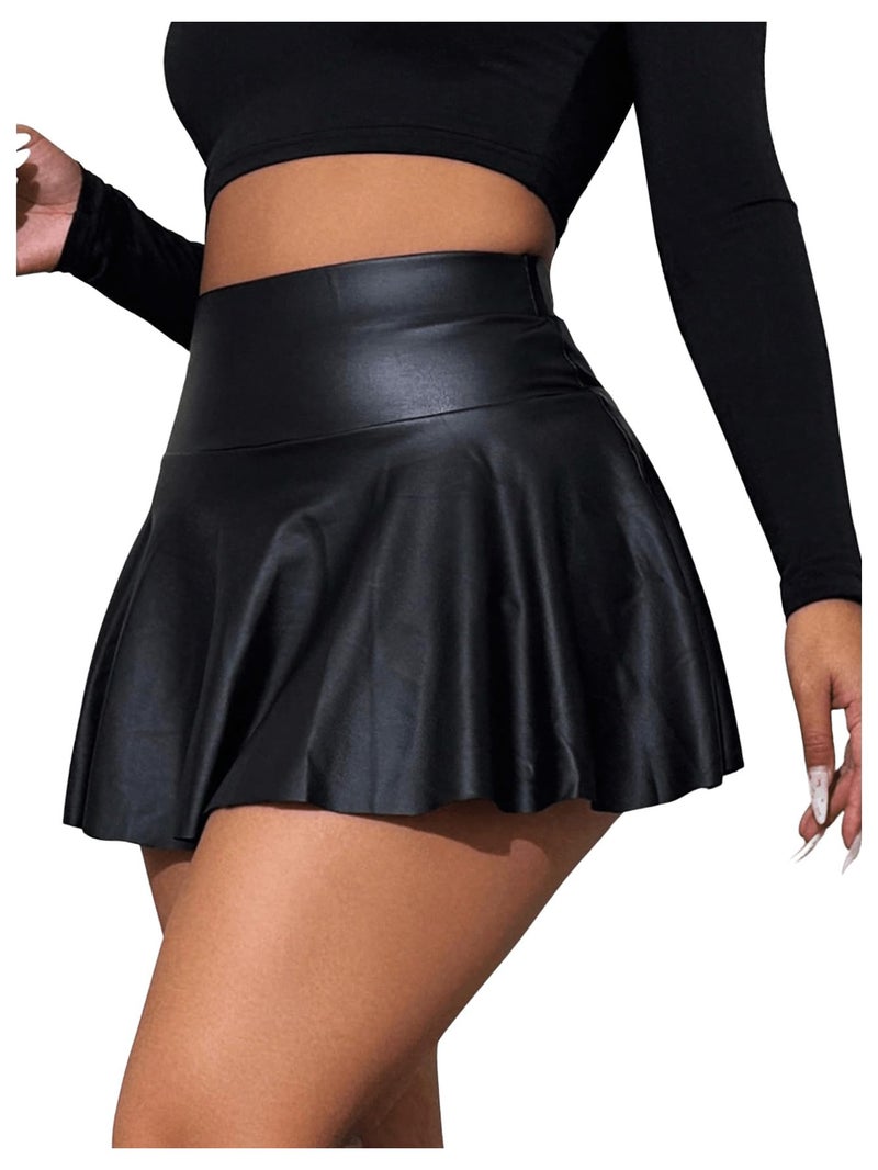 OYOANGLE Women's Pu Leather Elastic High Waist Skorts Ruffle Hem Casual Flared Skirt Shorts Black X-Large - Image 4